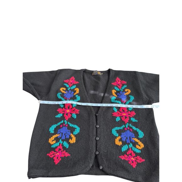 Eddie Bauer Women's Knit Crochet Floral Cardigan VTG Black Wool Button Up Large - Picture 10 of 12